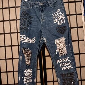 Shein Graphic Distressed Blue Denim Jeans with White & Black Lettering